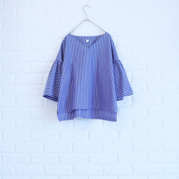 【播州織×爽やかストライプ】風通し抜群のギャザーブラウス　二の腕カバー・脱ぎ着楽　すっきり見え　上品な大人の夏服　 15枚目の画像