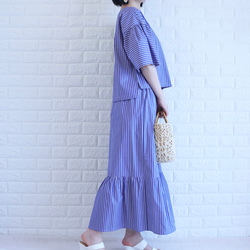 【播州織×爽やかストライプ】風通し抜群のギャザーブラウス　二の腕カバー・脱ぎ着楽　すっきり見え　上品な大人の夏服　 4枚目の画像