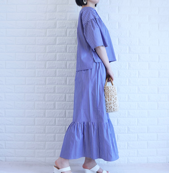 【播州織×爽やかストライプ】風通し抜群のギャザーブラウス　二の腕カバー・脱ぎ着楽　すっきり見え　上品な大人の夏服　 4枚目の画像