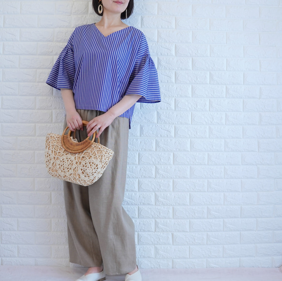 【播州織×爽やかストライプ】風通し抜群のギャザーブラウス　二の腕カバー・脱ぎ着楽　すっきり見え　上品な大人の夏服　 13枚目の画像