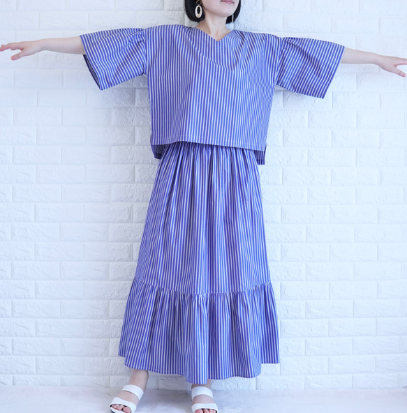 【播州織×爽やかストライプ】風通し抜群のギャザーブラウス　二の腕カバー・脱ぎ着楽　すっきり見え　上品な大人の夏服　 6枚目の画像