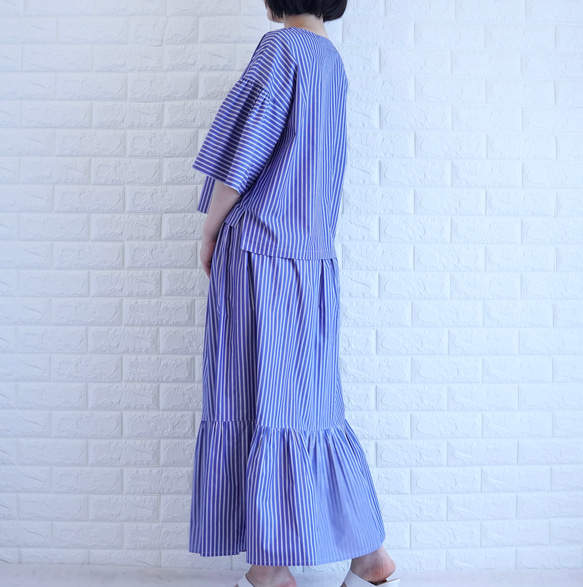 【播州織×爽やかストライプ】風通し抜群のギャザーブラウス　二の腕カバー・脱ぎ着楽　すっきり見え　上品な大人の夏服　 5枚目の画像