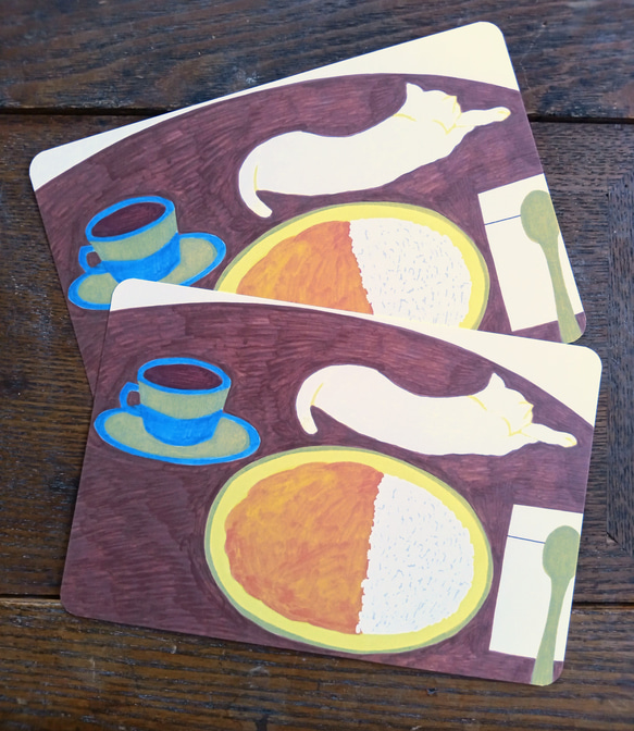 ポストカード「純喫茶のカレーと猫の置き物」 1枚目の画像