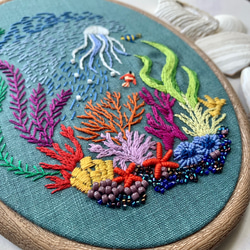 《受注製作》Coral leaf in the blue sea クラゲと魚たちの珊瑚礁タペストリー 2枚目の画像