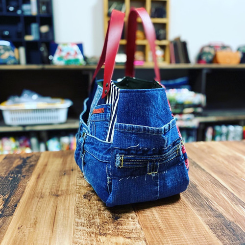 yamatoさまデニムと革のマチたっぷり横長トートバッグ デニムリメイク