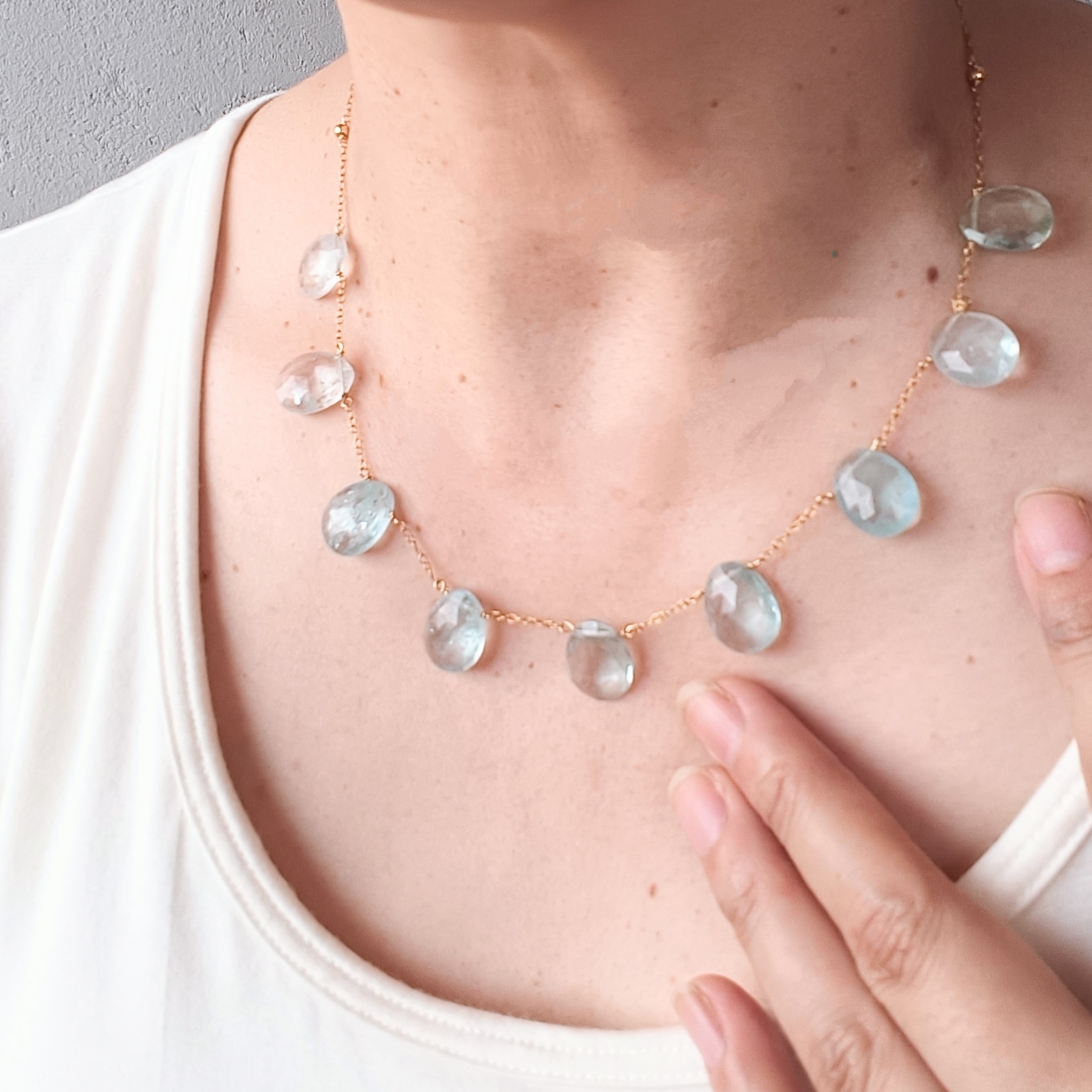 ジュエリー品質 大粒 ブルートパーズ × 14kgf の ステーション ネックレス　40cm＋アジャスター5cm 15,246円