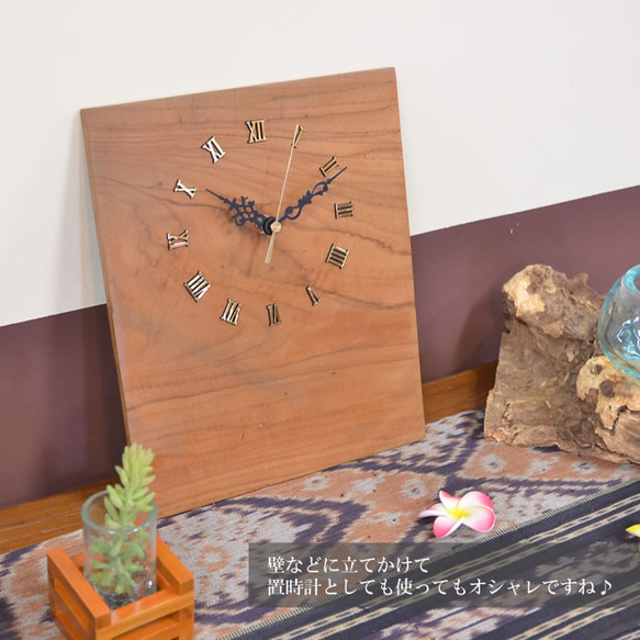 チーク 無垢 古材 壁掛け 壁面 木製 時計 長方形 ウォールクロック 25x30cm:w-119 5枚目の画像