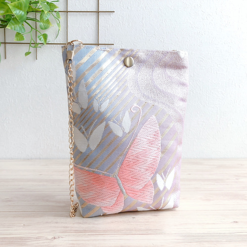 袋帯リメイク 蓋つきポシェット<ピンク蝶>