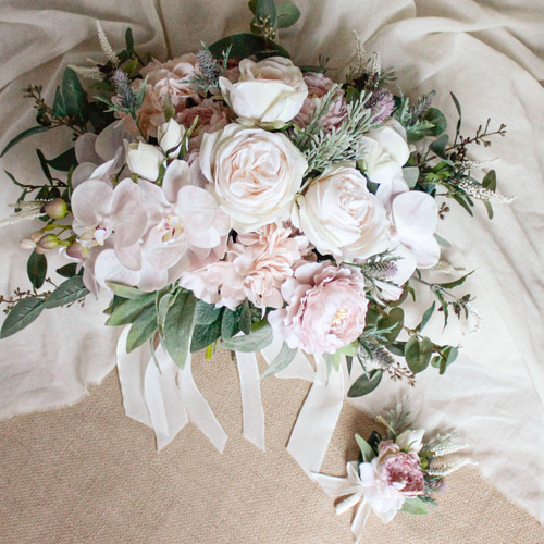 ウェディングブーケヘアピースブートニアピンクバラアーティシャルフラワー