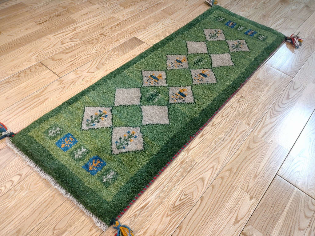 大特価38％OFF】ペルシャ　ギャッベ　ミニランナー　118x42cm　グリーン　パネル　RD5746