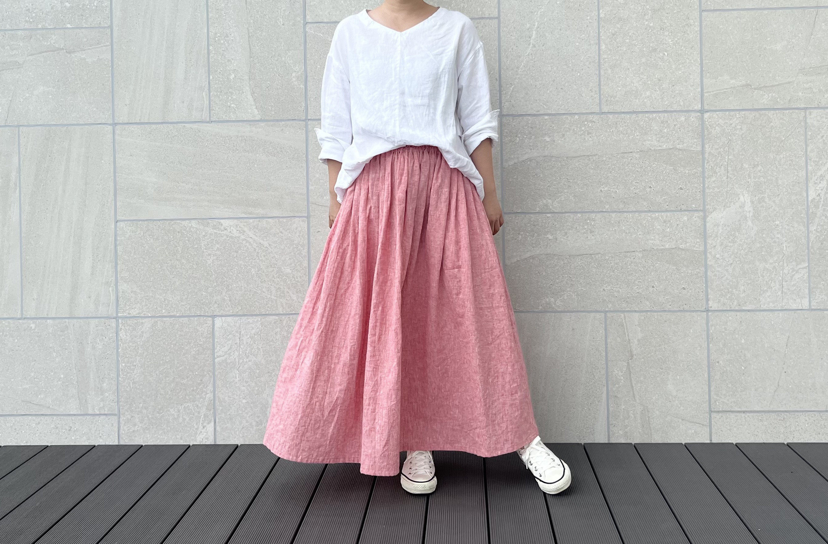 上質ベルギーリネンのダンガリースカート デニムレッド