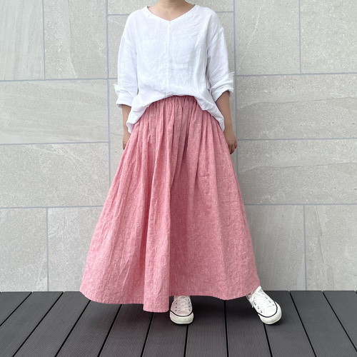 上質ベルギーリネンのダンガリースカート デニムレッド ロングスカート