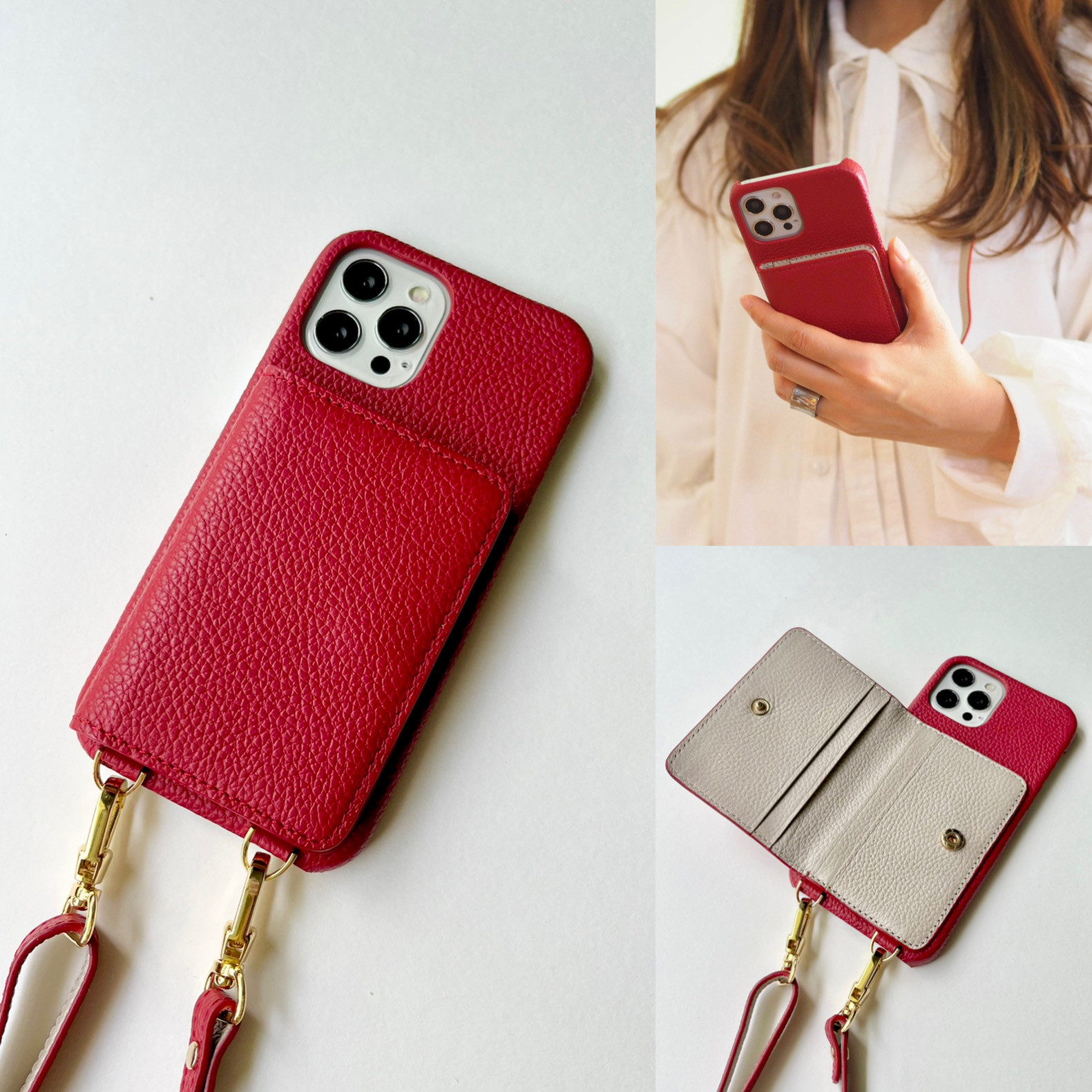 jirosso スマホポシェット スマホショルダー レザー 赤色スマホケース
