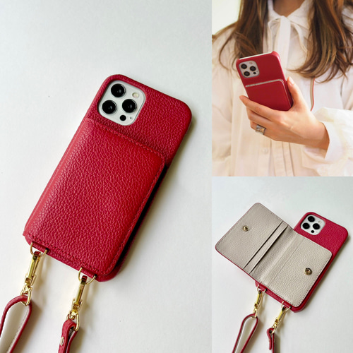 受注製作 Gamuuバイカラー本革 背面収納 名入れiphoneケース 3 名入れ可｜バイカラー本革iPhoneショルダーケース（背面収納