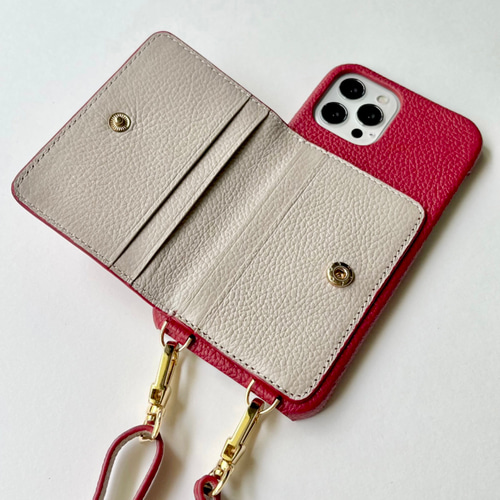 ITALIA産ピンク高級本革❤ギボシ留めショルダーショルダー スマホケース nicolelee ショルダー付きスマホケース | nicolelee.tokyo