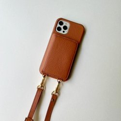 #3 名入れ可｜バイカラー本革iPhoneショルダーケース（背面収納　スマホショルダー）Brown+Greige 5枚目の画像