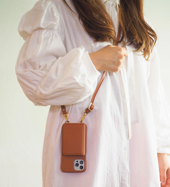 #3 名入れ可｜バイカラー本革iPhoneショルダーケース（背面収納　スマホショルダー）Brown+Greige 3枚目の画像