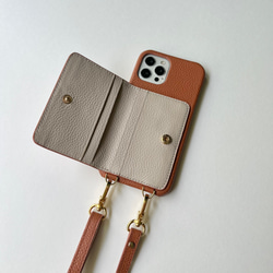 #3 名入れ可｜バイカラー本革iPhoneショルダーケース（背面収納　スマホショルダー）Brown+Greige 4枚目の画像
