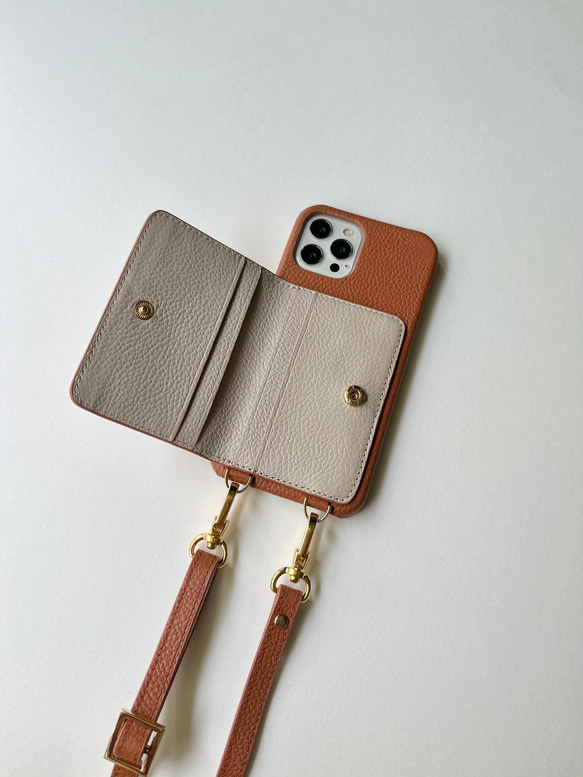 #3 名入れ可｜バイカラー本革iPhoneショルダーケース（背面収納　スマホショルダー）Brown+Greige 4枚目の画像