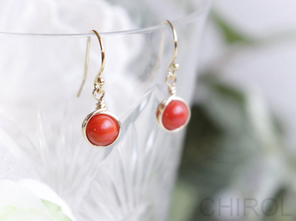 シンプル 赤サンゴ ピアス/ 14kgf