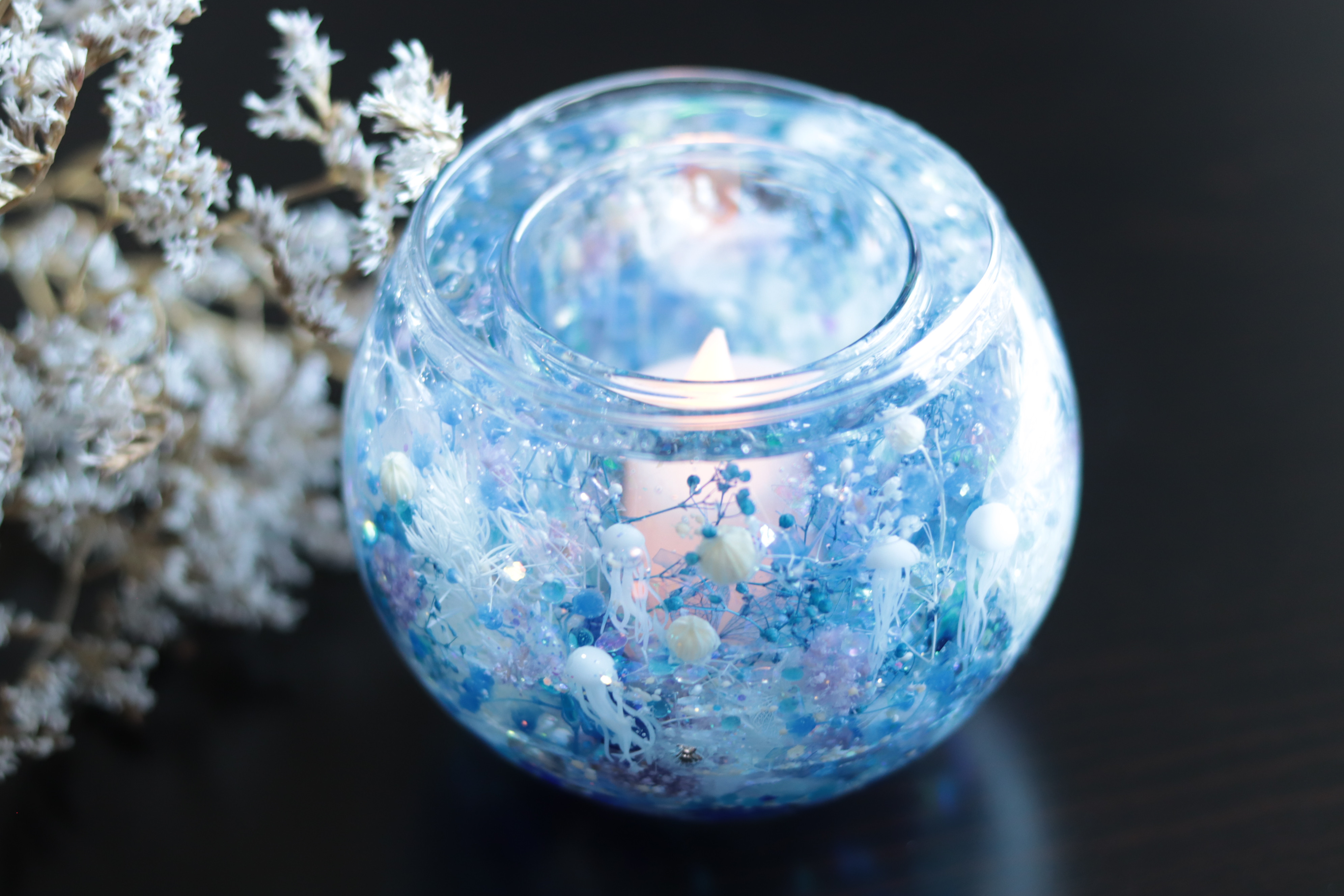 【おまけキャンドル&選べるラベル】「海月(クラゲ)と水中花」キャンドルホルダー＊固まるハーバリウム＊誕生日・結婚お祝い