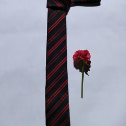 【高級正絹ネクタイ】光沢のある黒と赤のストライプ柄／雨コート生地(撥水加工)（送料無料・ラッピング無料） 3枚目の画像