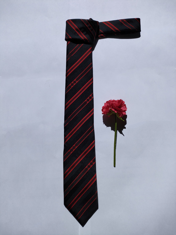 【高級正絹ネクタイ】光沢のある黒と赤のストライプ柄／雨コート生地(撥水加工)（送料無料・ラッピング無料） 3枚目の画像