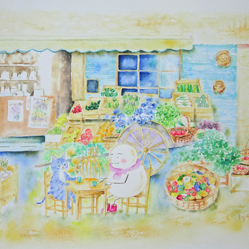 ✻【原画】南仏の八百屋さん / ポテとゆきだるまん no.171 | 水彩画
