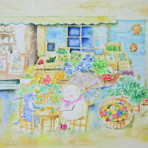 ✻【原画】南仏の八百屋さん / ポテとゆきだるまん no.171 | 水彩画