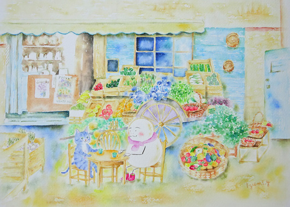 ✻【原画】南仏の八百屋さん / ポテとゆきだるまん no.171 | 水彩画