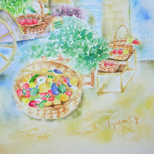 ✻【原画】南仏の八百屋さん / ポテとゆきだるまん no.171 | 水彩画