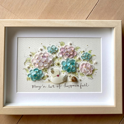 紫陽花と猫 シーグラス／天然石／フレームアート／壁掛けガラスネコ