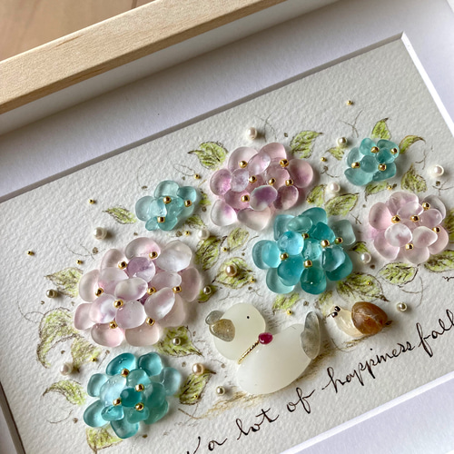 秋色のリース シーグラス／天然石／原画／花 リース シーグラス