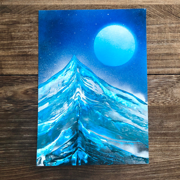[感覺很酷的藍色]“Akatsuki no Yama”原畫A4山水畫帶框架噴塗藝術 第3張的照片