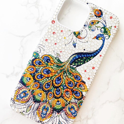 iPhone16pro,15,14,13シリーズ他全機種 スワロフスキー孔雀柄