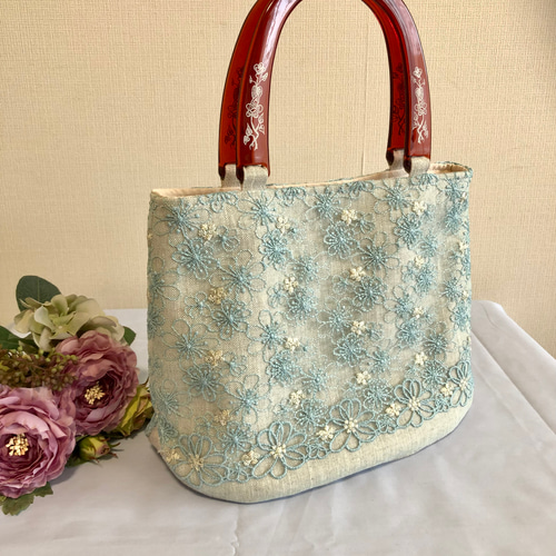 リネンのバック チュールレース グリーン系 トートバッグ tumugi 通販  