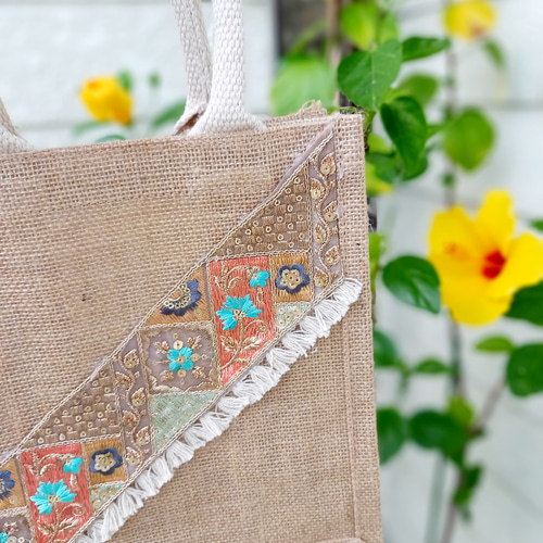 オーダーメイド受付終了⭐ジュートバッグのインド刺繍リボンアレンジ