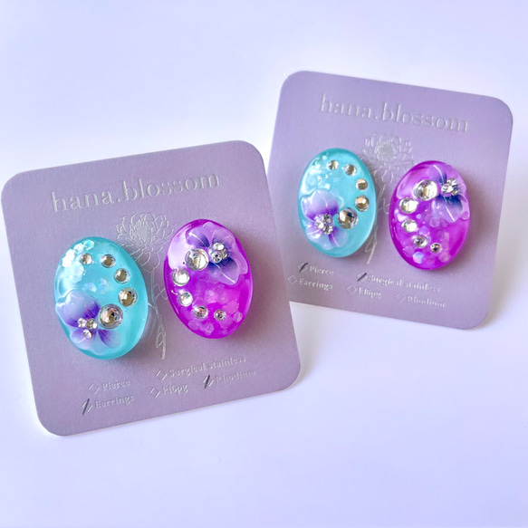 glass oval purple tiffanyblue bycolor flower Earrings 8枚目の画像