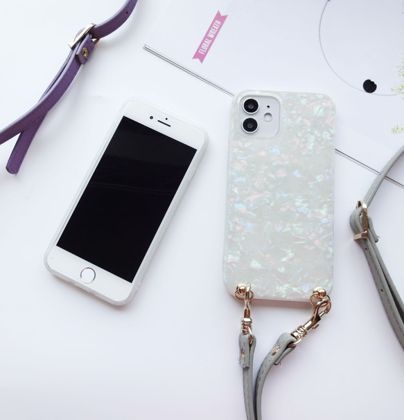 色が選べる★ 手ぶらが叶う スマホショルダー ストラップ付き iphoneケース キラキラシェル 6枚目の画像