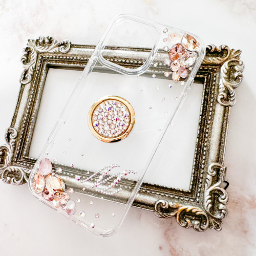 iPhone17pro,16,15,他クリアケースイニシャルニュアンスピンクオーロラ