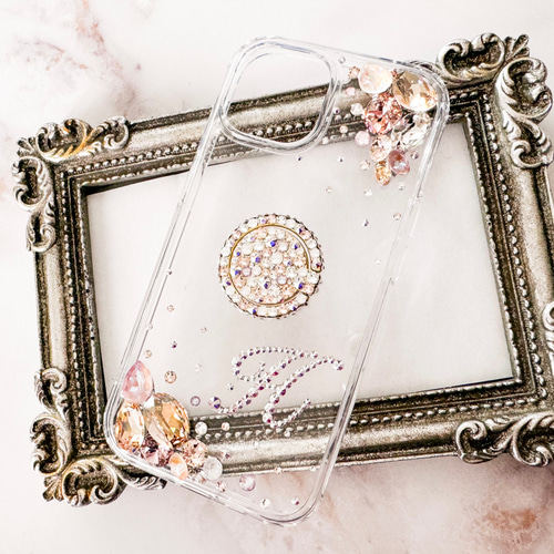 iPhone17pro,16,15,他クリアケースイニシャルニュアンスピンクオーロラ