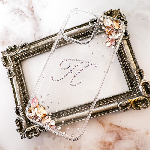 iPhone17pro,16,15,他クリアケースイニシャルニュアンスピンクオーロラ