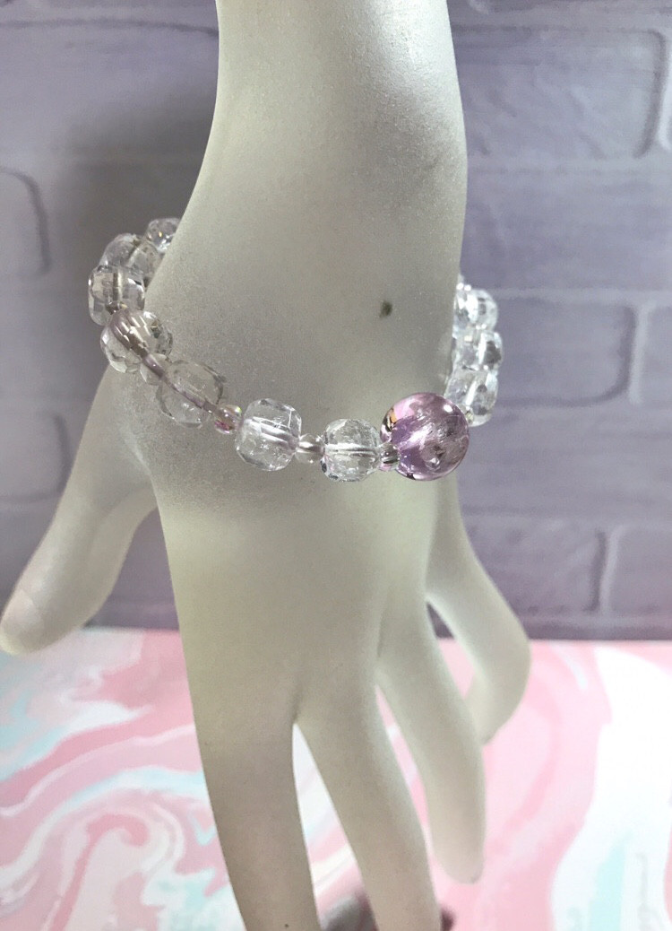 大珠12㎜クンツァイト&キューブな水晶✨ブレスレット