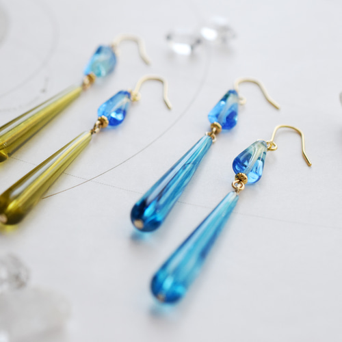 Acryl&glass【slim drop】blue&green ピアス/イヤリング ピアス