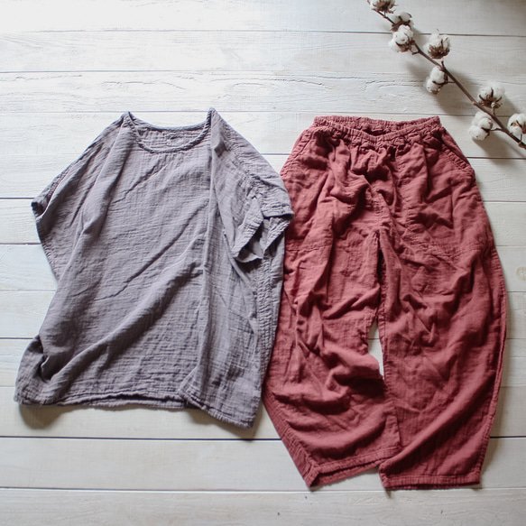 草木染めガーゼセットアップ/ Creema限定 夏の福袋　淡藤×小豆 1枚目の画像