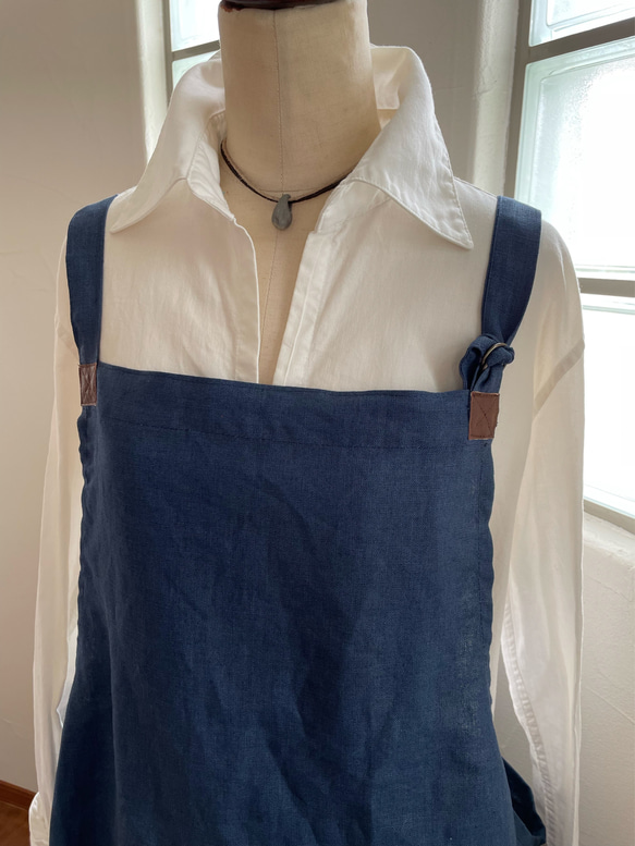 Ⅼ ◇麻100％ 藍色 紺 ネイビー リネン エプロン ワンピース ゆったり