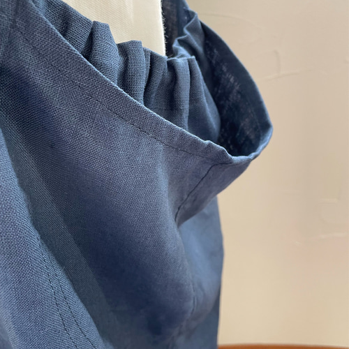 M ◇麻100％ 藍色 紺 ネイビー 麻100％ リネン エプロン ワンピース