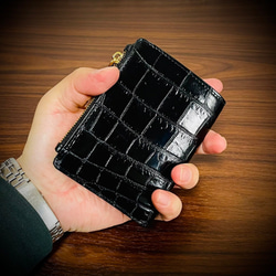 クロコダイル ミニ財布 二つ折り コンパクト 証明書付 コンパクト 革財布 メンズ レディス ブラック 黒 3枚目の画像