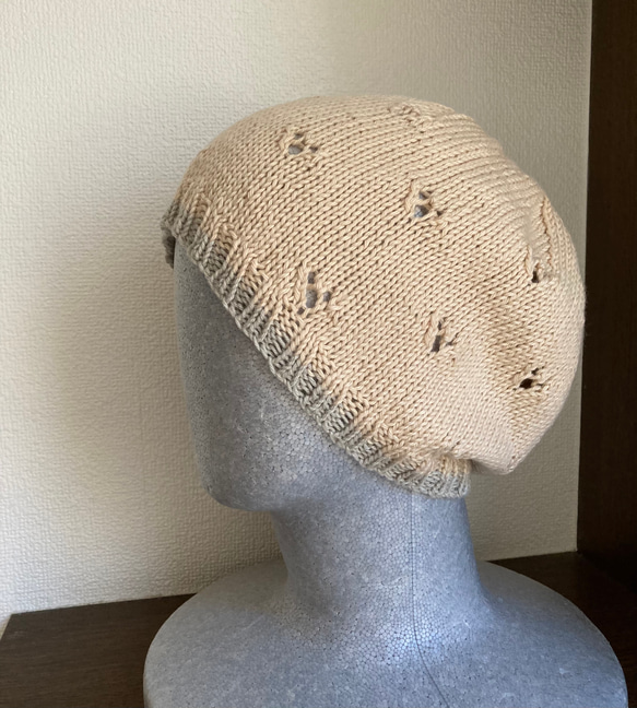 手編み　ハート模様のコットン帽子 1枚目の画像