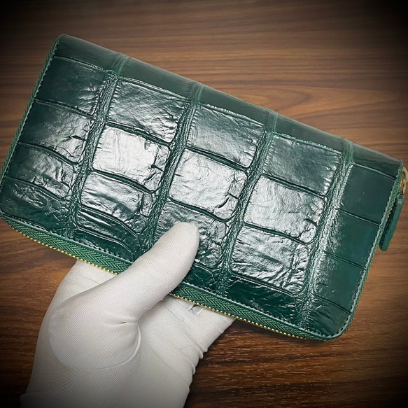 クロコダイル メンズ財布 長財布 ゴールドファスナー レディス財布 グリーン 緑 大容量 3枚目の画像